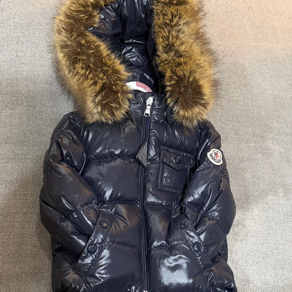 Navy Puffer Jacket with Fur Trim
